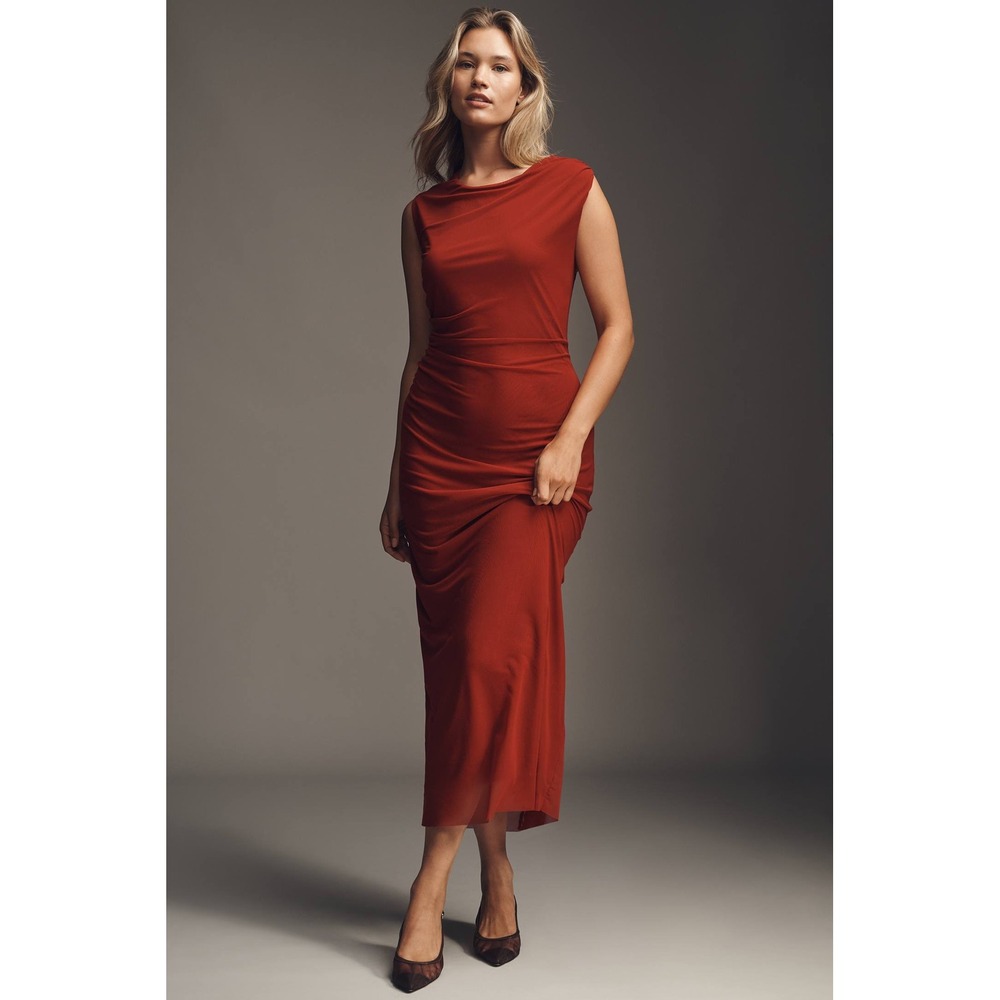 Anthropologie Red Cowl Neck Sleeveless Side Slit Ruched Drape Midi Dress M